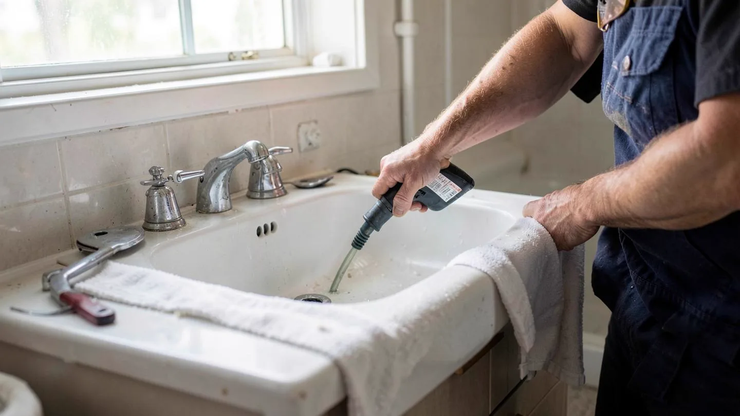 A plumber clearing a slow bathroom sink drain with hand tools laid out on a towel