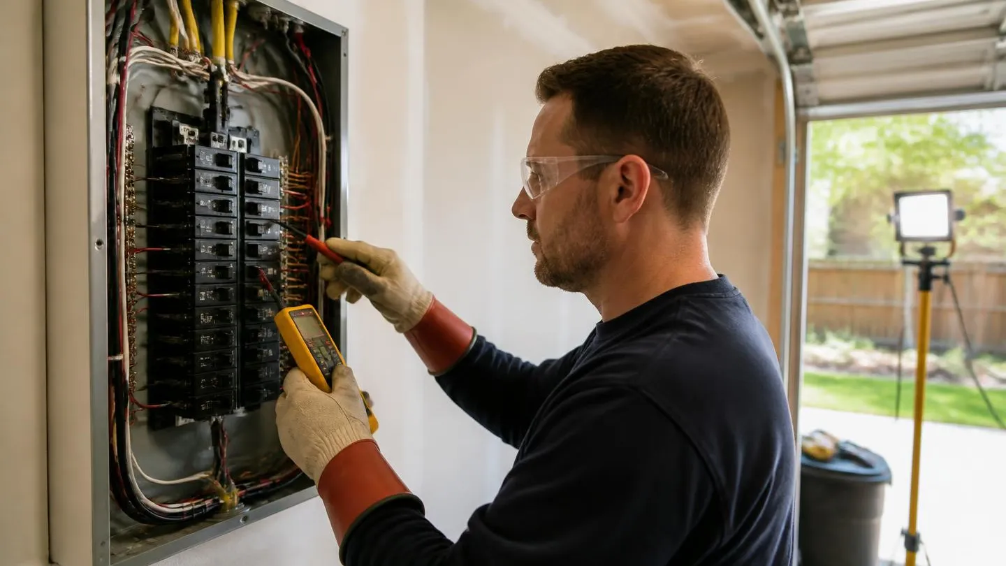 An electrician wearing protective equipment working inside a residential breaker panel