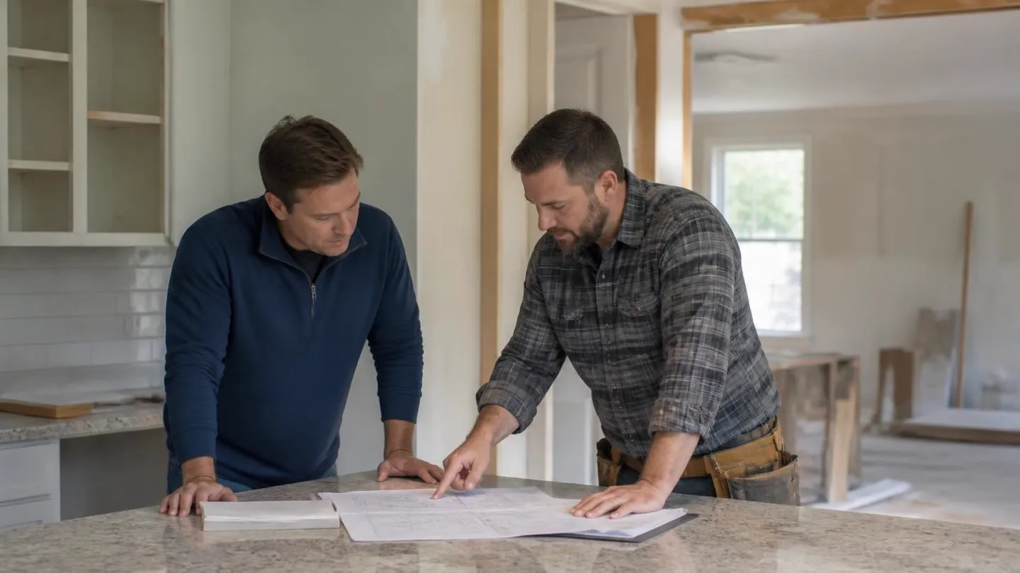 A homeowner and a remodeling contractor reviewing plans on a counter in a partly renovated kitchen
